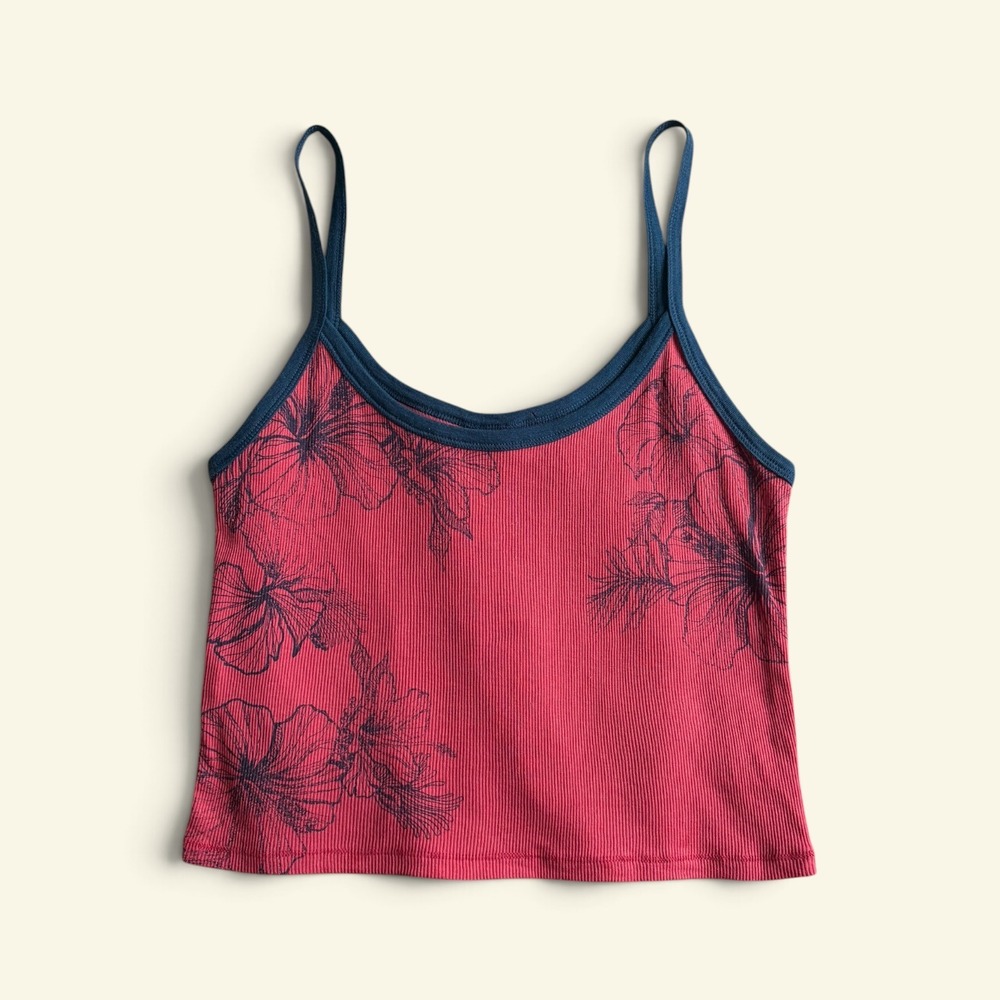 Aeropostale Hibiscus Floral Ribbed Tank Top Large Y2K Crop Cami Contrast Trim